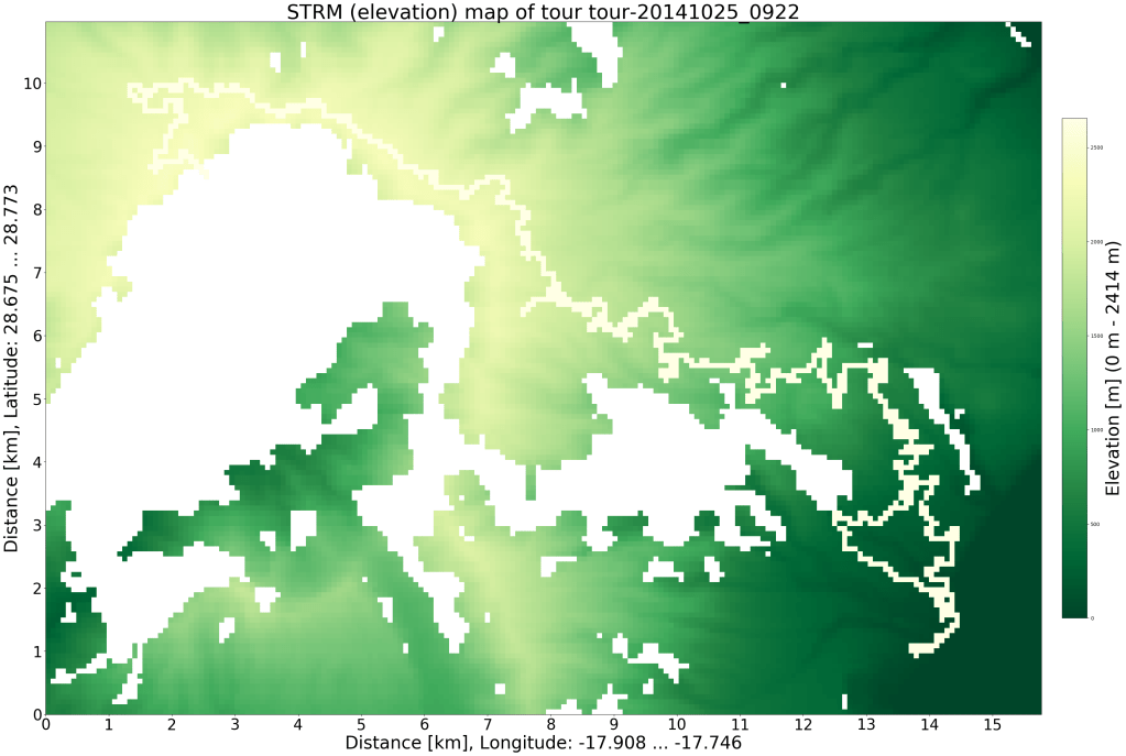 Geografische Karte aus den STRM Daten mit meiner Route, erstellt mit https://github.com/ronnyerrmann/cycle_logging. Die weißen Flecken sind Bereiche, in welchem die Landschaft so steil ist, dass keine vernünftigen Höheninformationen verfügbar sind.