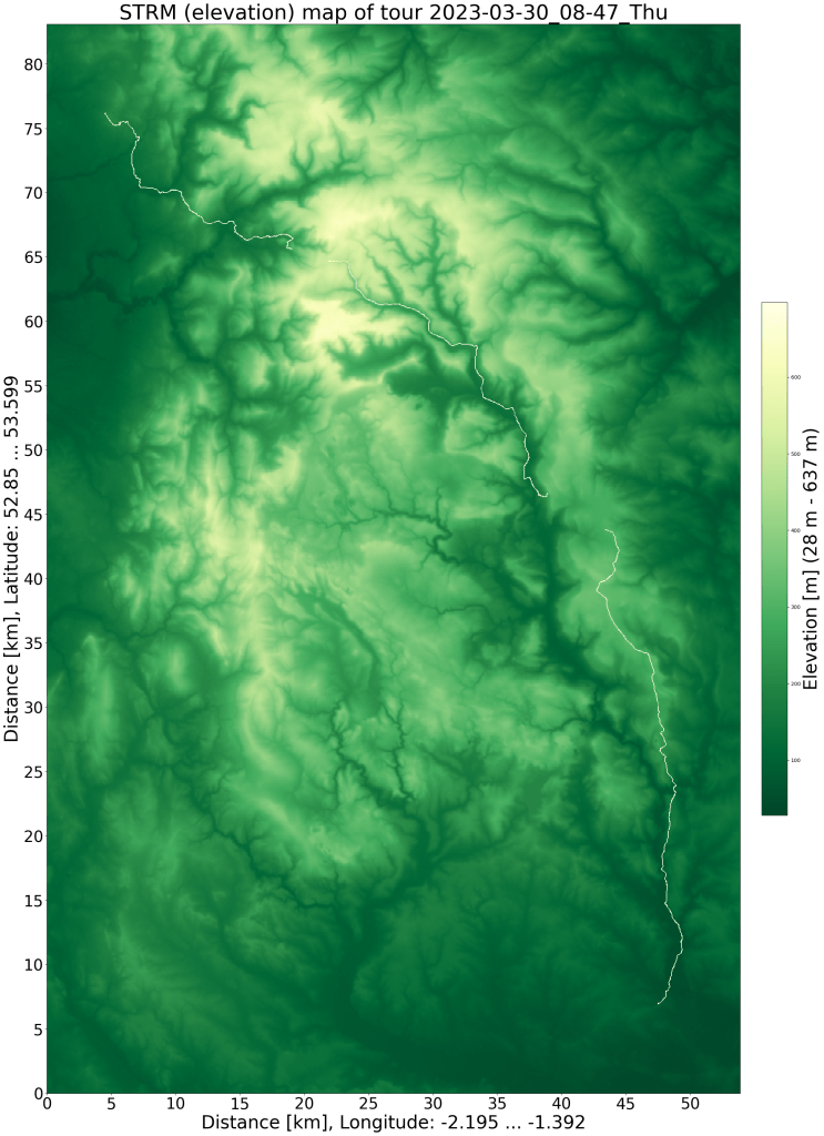 SRTM Reliefkarte mit GPS Daten (das GPS-Logging hat leider zwei Mal ausgesetzt)