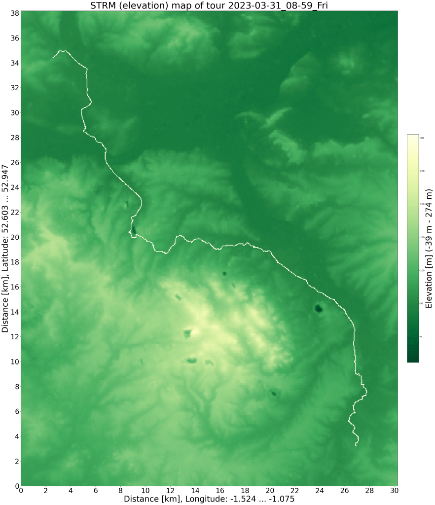 SRTM Reliefkarte mit GPS Daten. Etliche Steinbrüche sind sichtbar, die Menschheit verändert die Erde langfristig und großskalig.