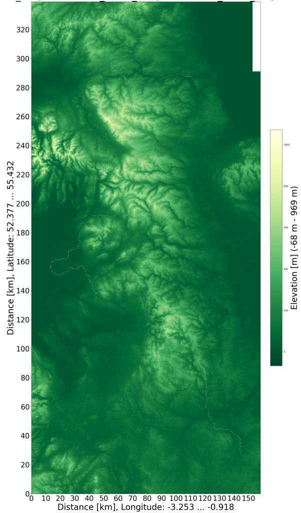 SRTM Reliefkarte mit GPS Daten. Die Radtour ist gerade so als weiße Linie erkennbar. Die allerhöchsten Berge habe ich ausgelassen aber sonst sehr viele gequert.
